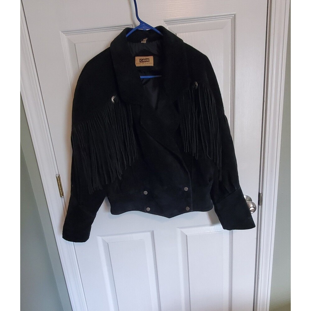 G4000 Genuine Leather Black Suede Fringed Motorcycle Jacket Waist Length Size M - Picture 4 of 12